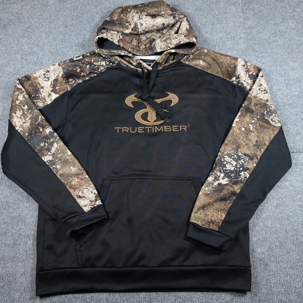 TrueTimber Camo Mens M Black Strata Camouflage Fleece Pullover Hoodie Graphic